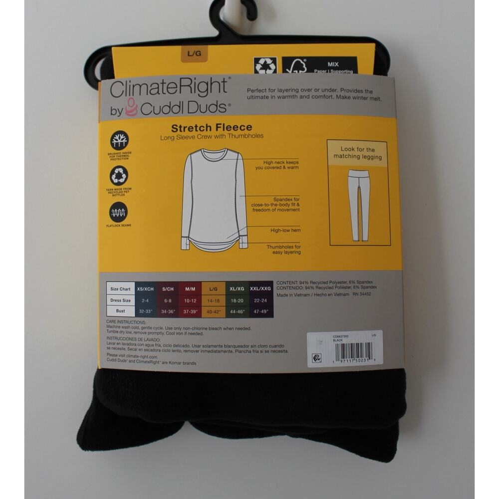 ClimateRight by Cuddl Duds Warm Stretch Fleece Long Sleeve Crew Neck Black L NWT - Picture 2 of 4